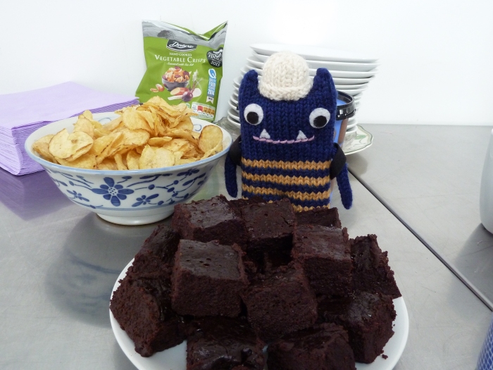 Explorer Beastie Hogging the Flourless Chocolate Cake - CrawCrafts Beasties